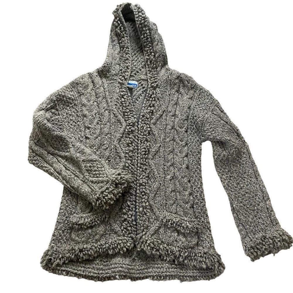 Ecuador Hand Knit Wool Blend Hooded Sweater Women Gray Grandma Cozy Warm Winter